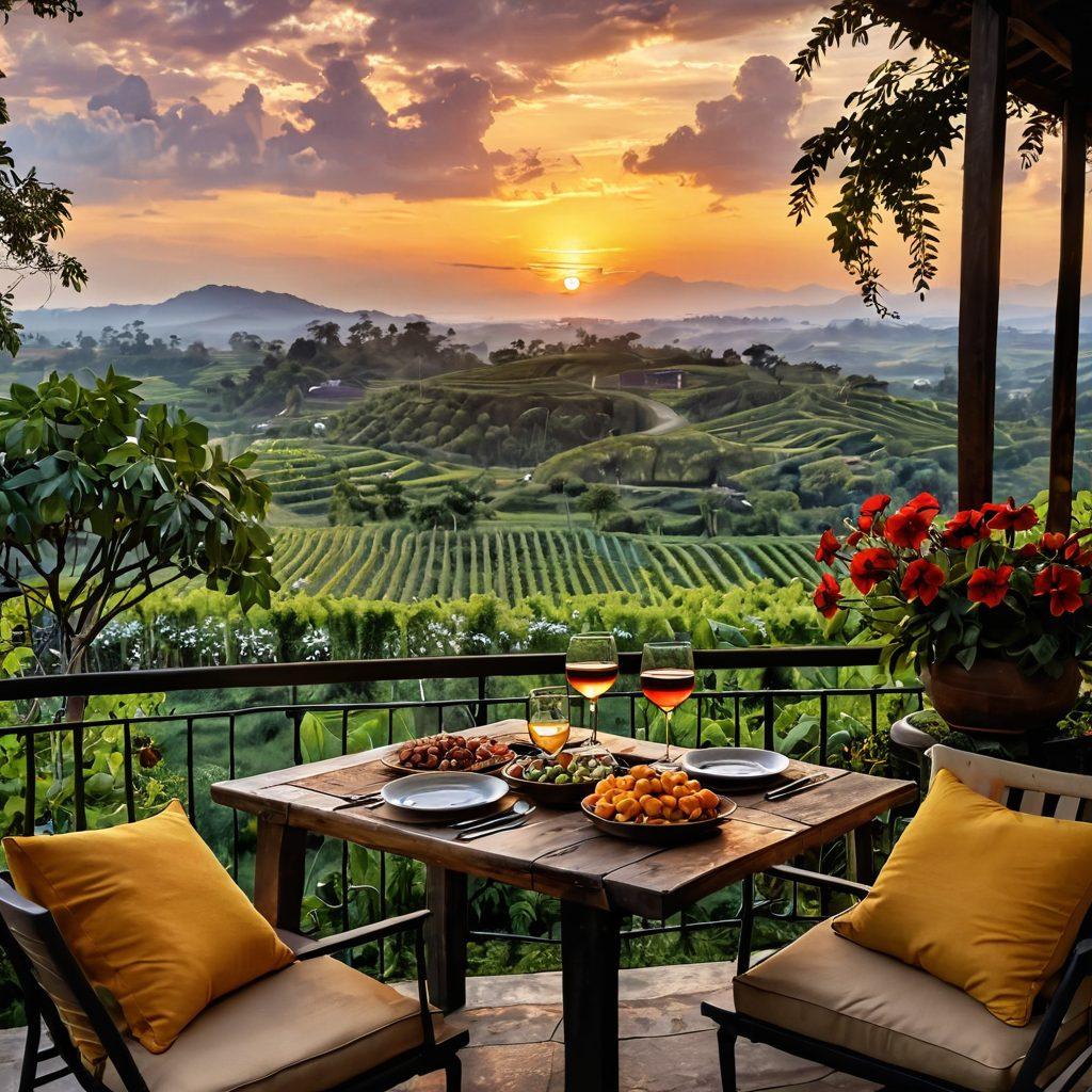 A beautiful terrace overlooking lush Indonesian vineyards at sunset, with glasses of wine clinking together in celebration. Include local delicacies on a rustic table, surrounded by vibrant tropical flowers and greenery. In the background, traditional Indonesian architecture enhances the ambiance of joy and festivity. Capture the essence of relaxation and connection with nature. super-realistic. vibrant colors. sunset ambiance.