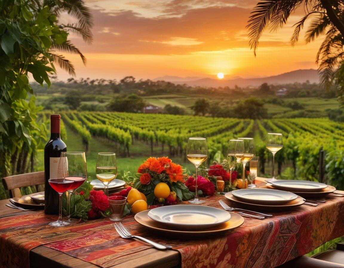 A beautifully set wooden table adorned with traditional Indonesian textiles, surrounded by lush tropical greenery. Elegant wine glasses filled with rich, deep-colored Indonesian wines glimmer under soft candlelight. In the background, a vibrant sunset casts warm hues over a vineyard, with a glimpse of iconic Indonesian landmarks. The scene evokes a sense of cultural celebration and culinary delight. super-realistic. vibrant colors. warm lighting.