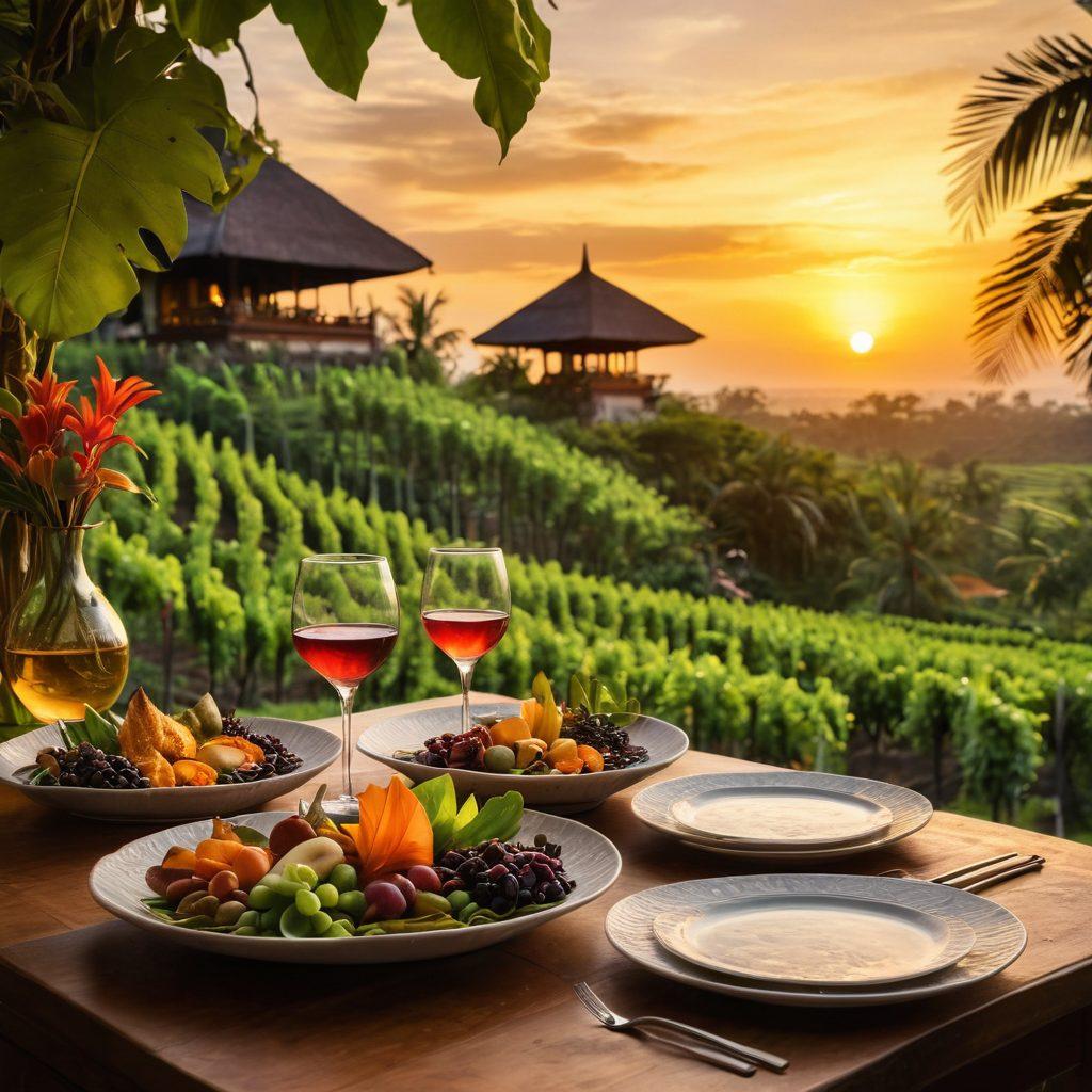 A vibrant scene of an Indonesian vineyard under a breathtaking sunset, showcasing lush grapevines intertwined with traditional Balinese architecture. In the foreground, elegantly arranged plates of unique Indonesian dishes paired with glasses of native wine, exuding rich colors and textures. Lush tropical foliage surrounds the scene, enhancing the exotic ambiance. super-realistic. warm tones. vibrant colors.